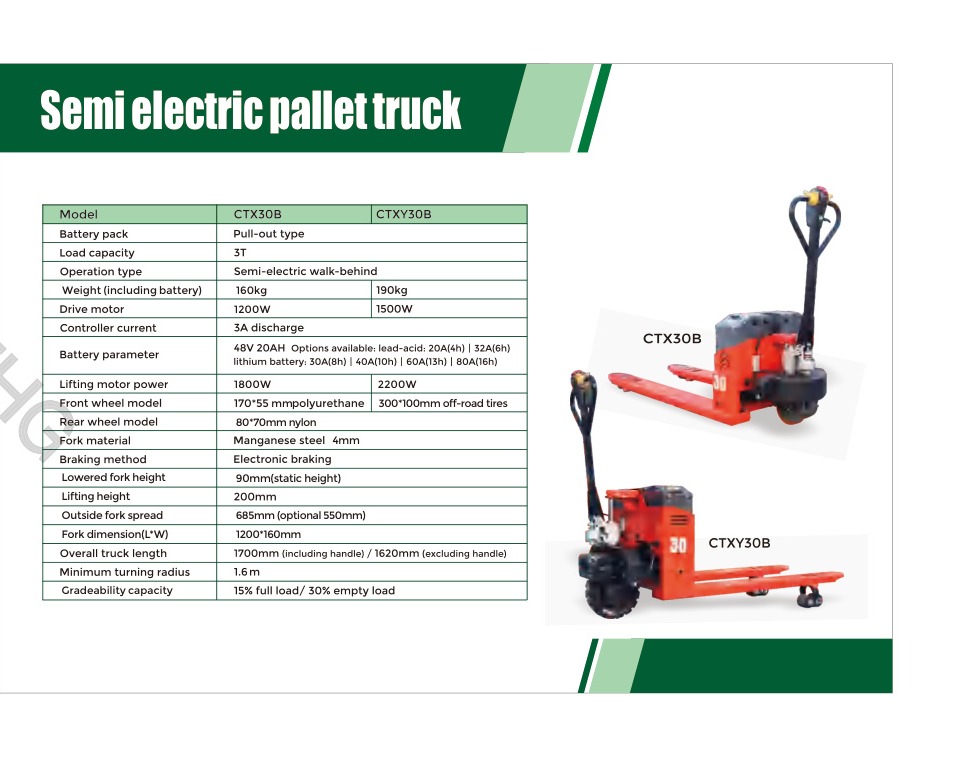 CTX30B / CTXY30B Semi-electric Walk-behind Pallet Truck technical specification