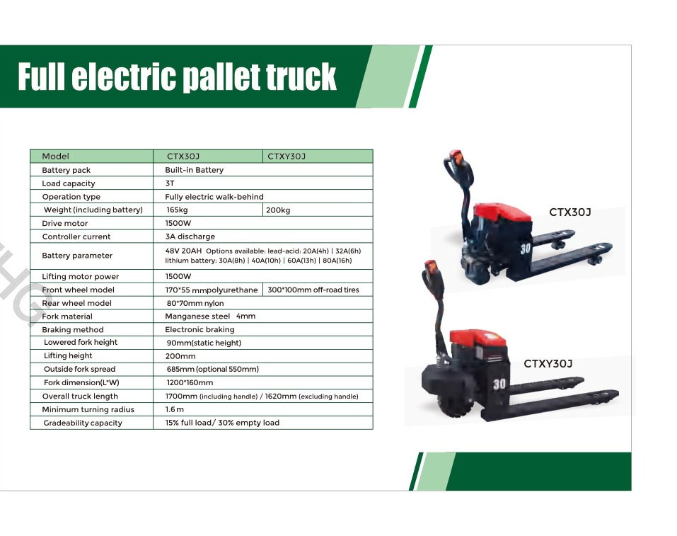 CTX30J / CTXY30J Fully Electric Built-in Battery Pallet Truck technical specification