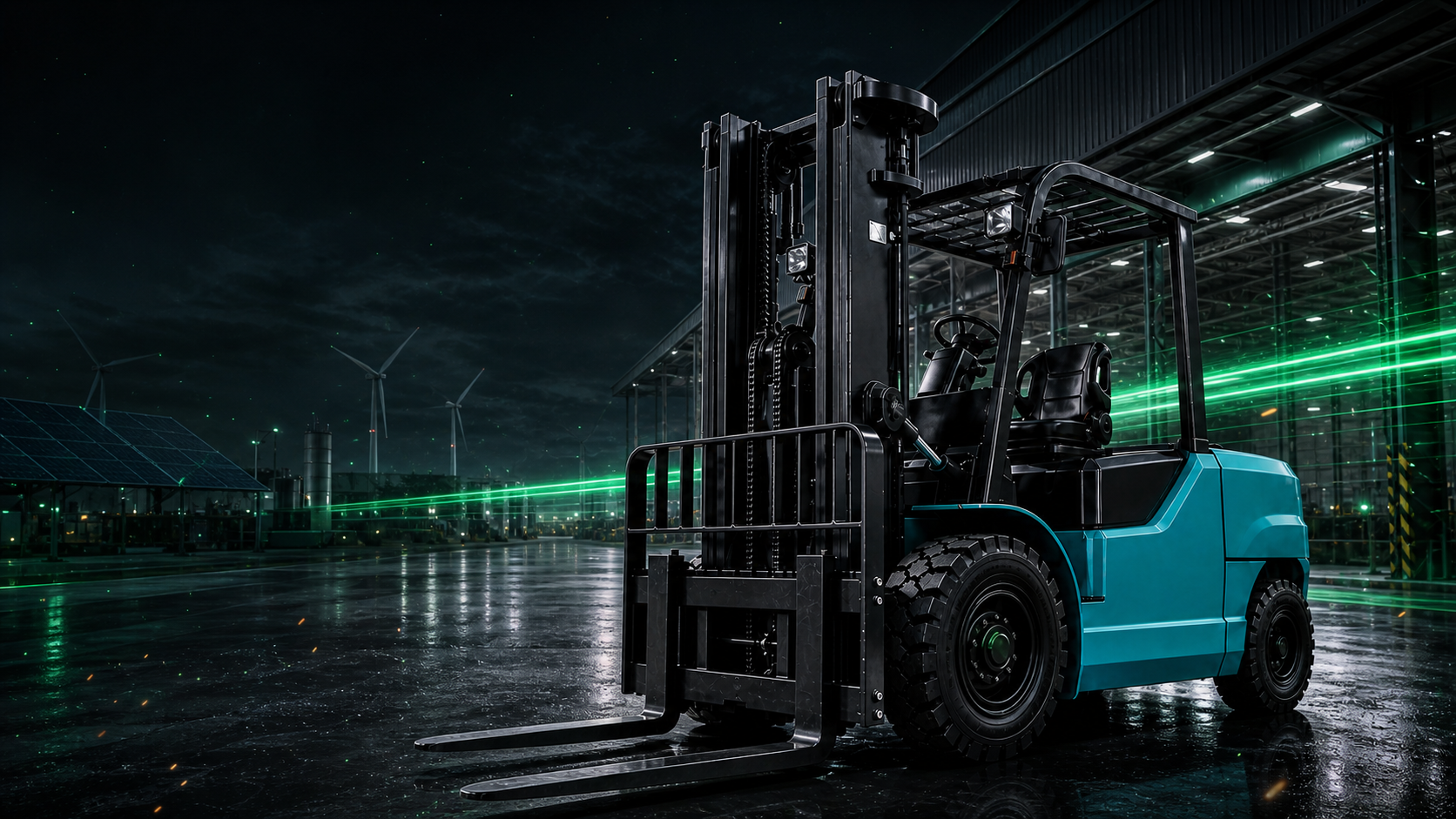 QIZHOU cyan-teal electric forklift in a clean-energy logistics facility